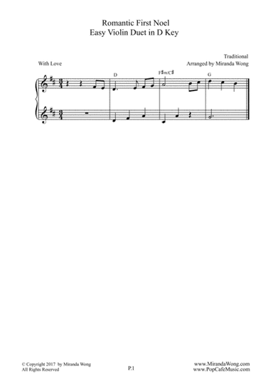Romantic First Noel - Violin Duet in D Key (With Chords) (arr. Miranda Wong)