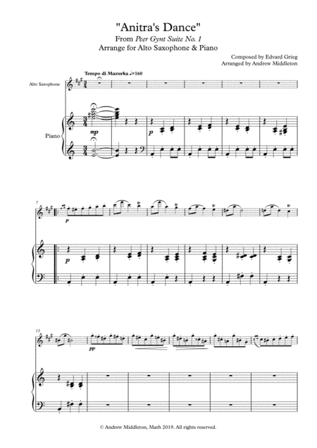 "Anitra's Dance" from Peer Gynt Suite arranged for Alto Saxophone and Piano (arr. Andrew Middleton)