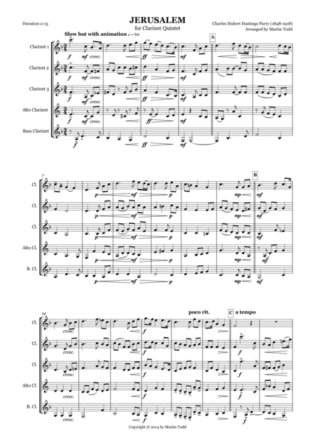 Jerusalem for Clarinet Quintet (arr. Martin Todd)