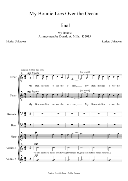My Bonnie Lies Over the Ocean (arr. Donald A. Mills, aka Beachtanned)