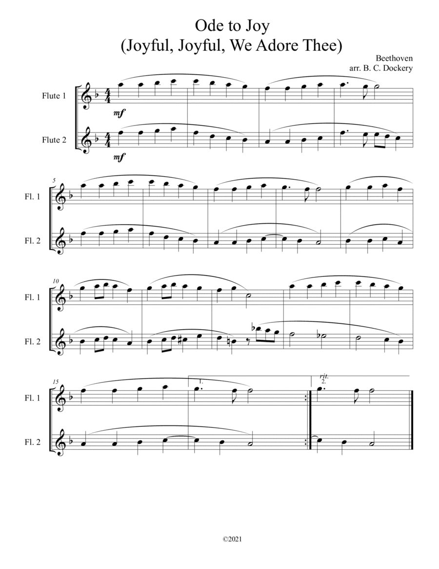 Ode to Joy (Joyful, Joyful, We Adore Thee) for flute duet (arr. B. C. Dockery)
