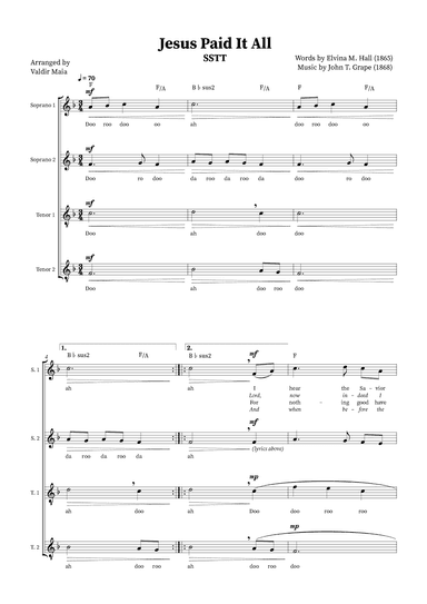 Jesus Paid It All - SSTT Quartet or Choir (+ Chords) (arr. Valdir Maia)