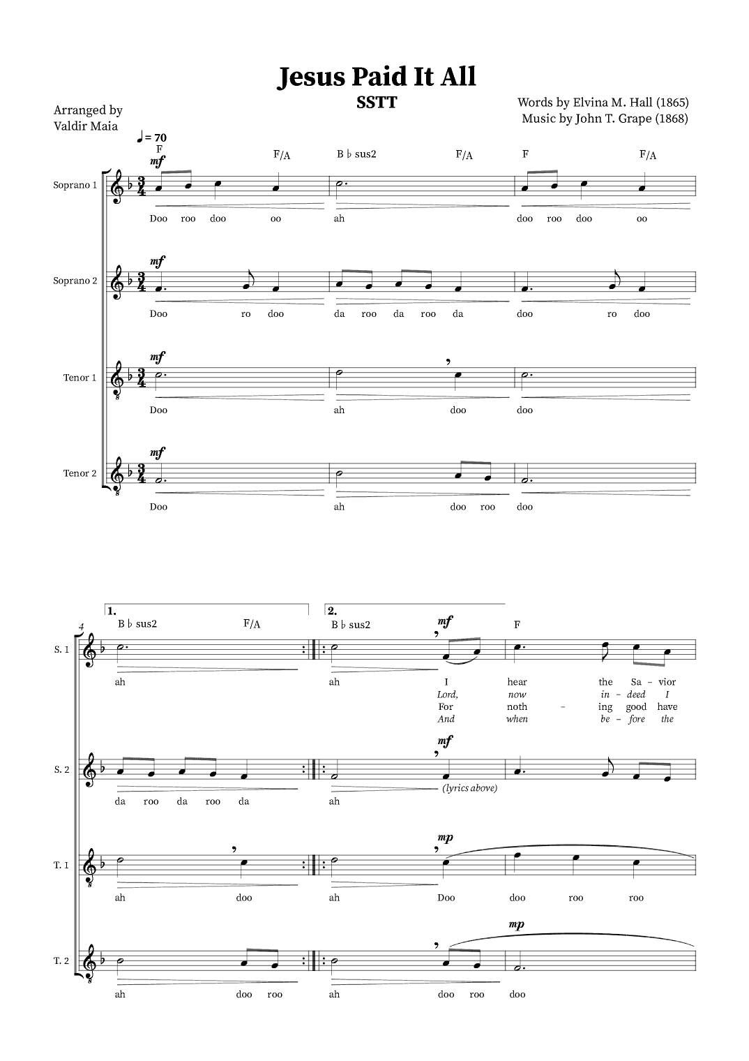 Jesus Paid It All - SSTT Quartet or Choir (+ Chords) (arr. Valdir Maia)