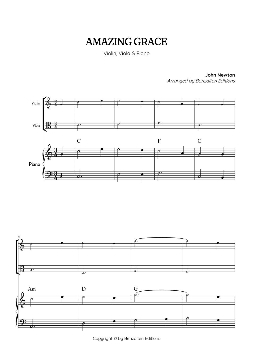 Amazing Grace • super easy violin and viola sheet music with piano accompaniment (and chords) (arr. Benzaiten Editions)