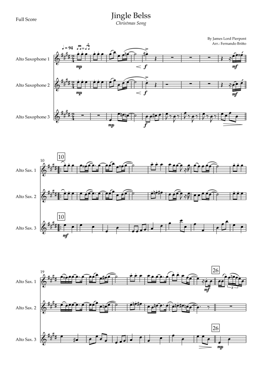 Jingle Bells - Jazz Version (Christmas Song) for Alto Saxophone Trio (arr. Fernando Britto)