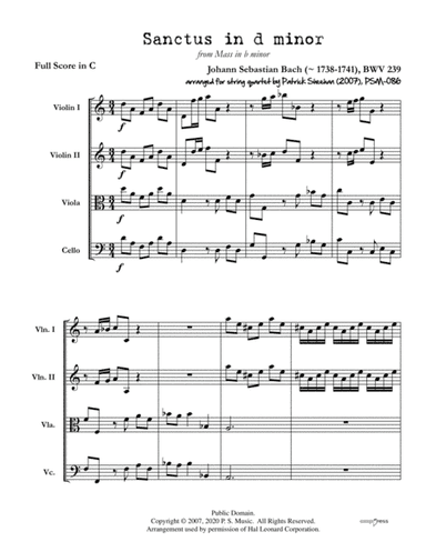 Sanctus in d minor (from "Mass in b minor") for string quartet (full score & set of parts) (arr. Patrick Sheehan)