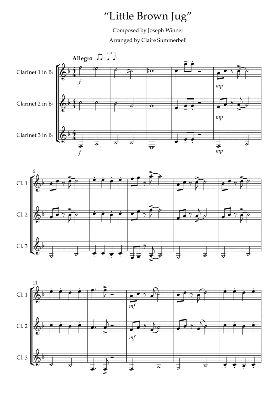 Little Brown Jug - Easy Clarinet Trio (arr. Claire Summerbell)