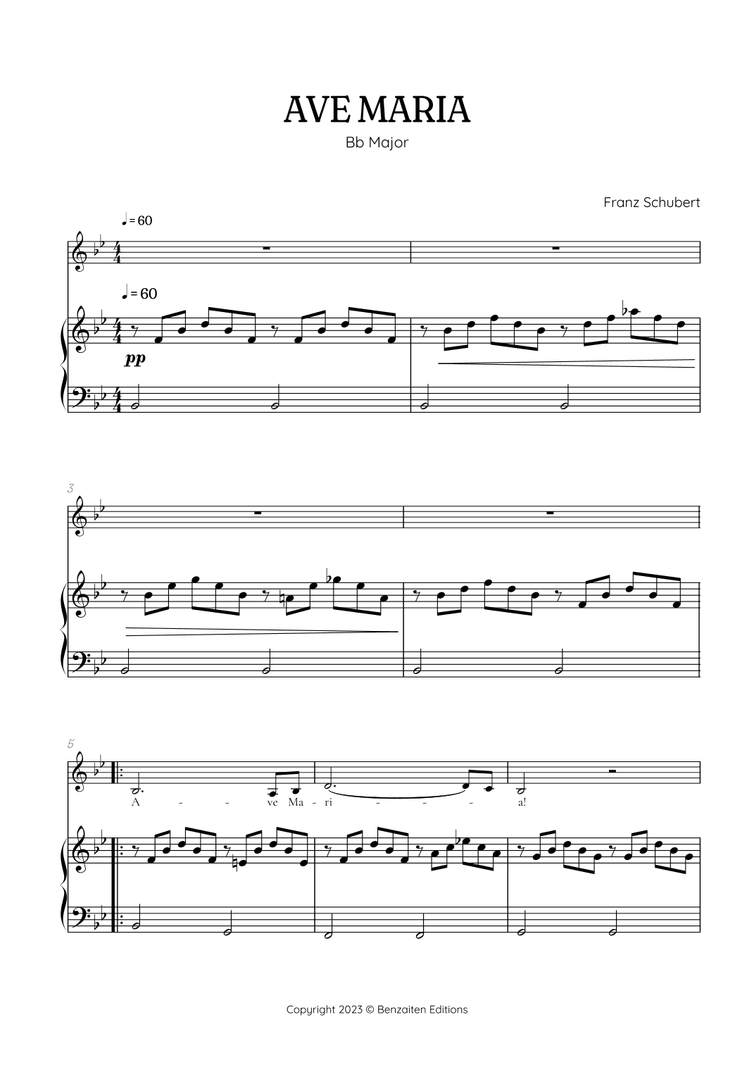 Schubert Ave Maria in B flat Major [ Bb ] • alto voice sheet music with easy piano accompaniment (arr. Benzaiten Editions)