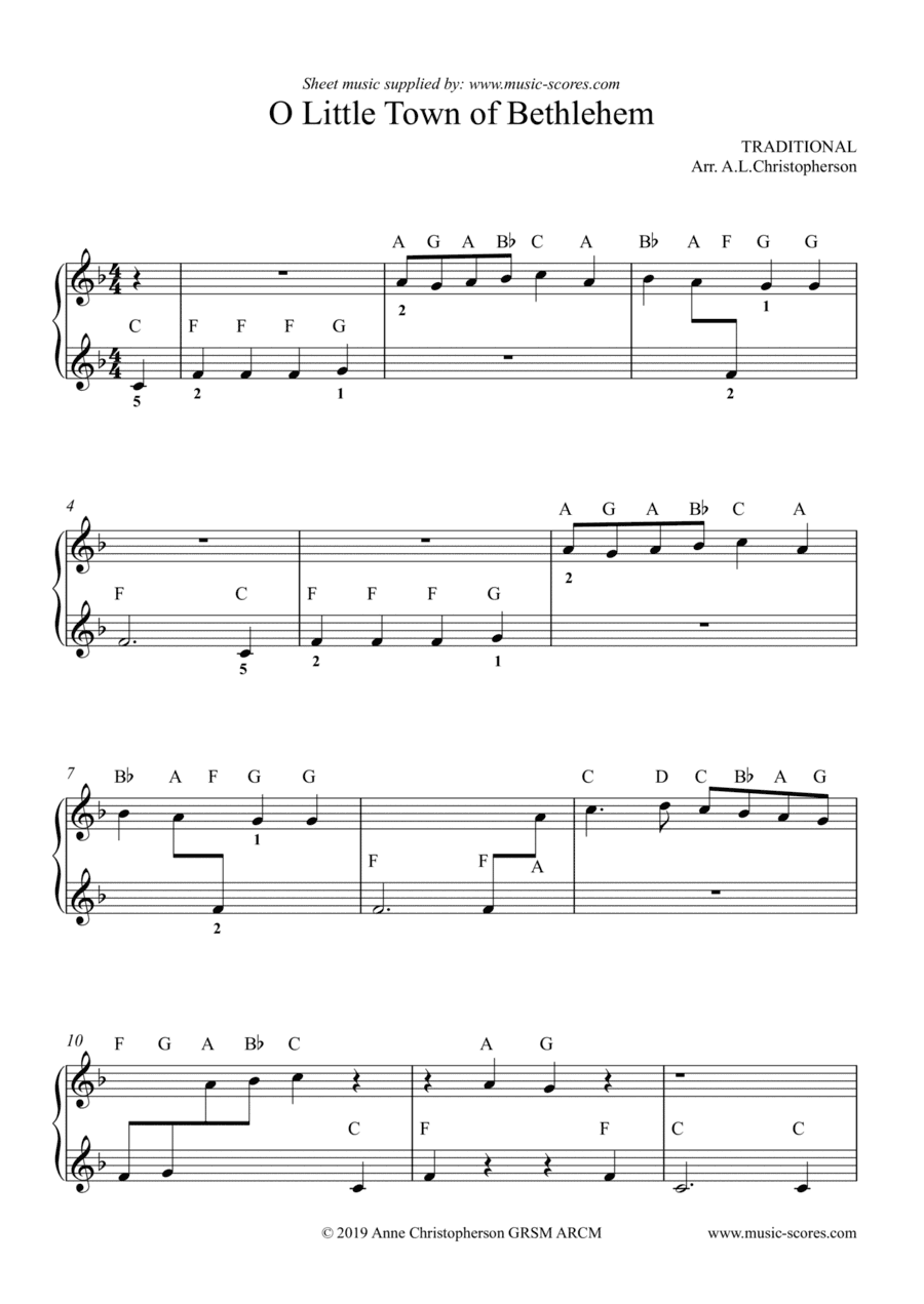 O Little Town of Bethlehem - very easy Piano (arr. Anne L Christopherson GRSM ARCM)