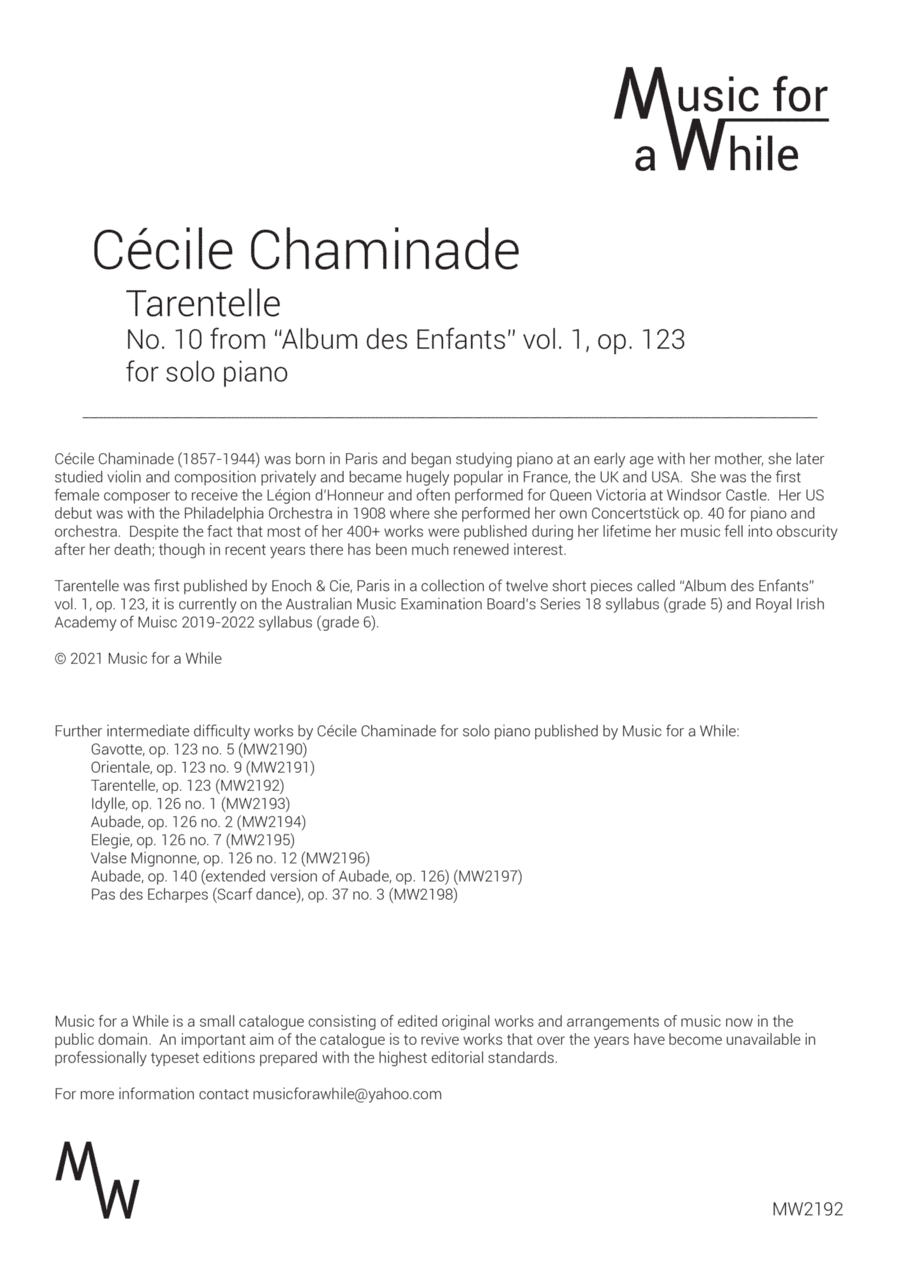 Cécile Chaminade - Tarentelle op. 123 no. 10 for solo piano (arr. Music for a While)