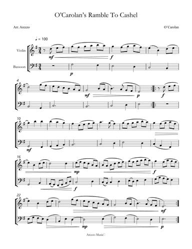 O'carolan Ramble to Cashel Violin and Bassoon Sheet Music (arr. Arezzo Music)