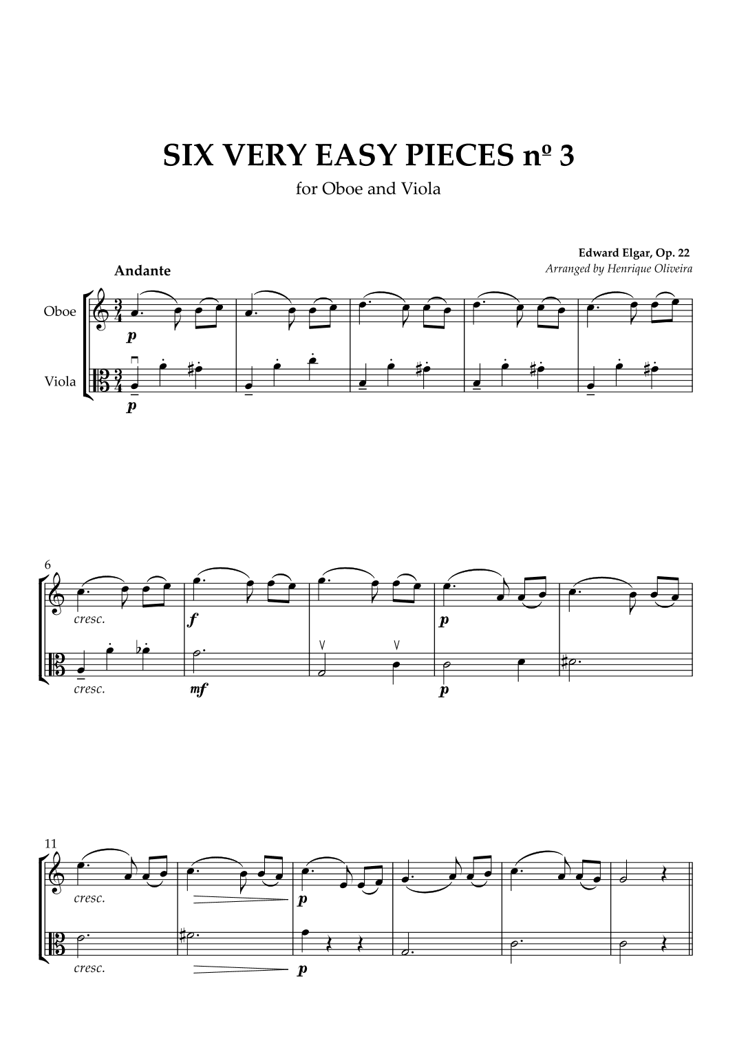 Six Very Easy Pieces nº 3 (Andante) - Oboe and Viola (arr. Henrique Oliveira)
