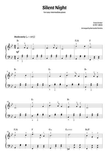 Silent Night (easy-intermediate piano – clean with chords) (arr. Bernardo Pereira)