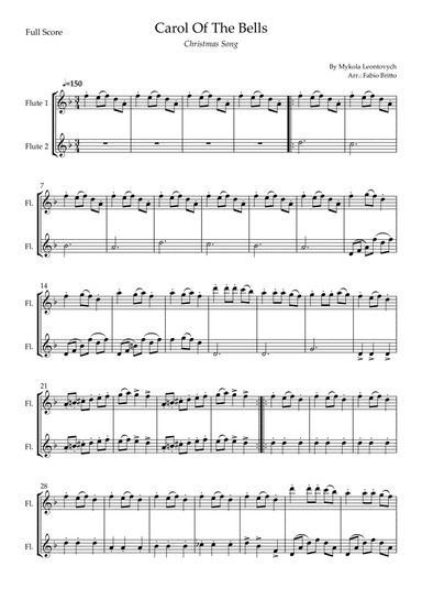 Carol Of The Bells (Christmas Song) for Flute Duo (D Minor) (arr. Fabio Britto)