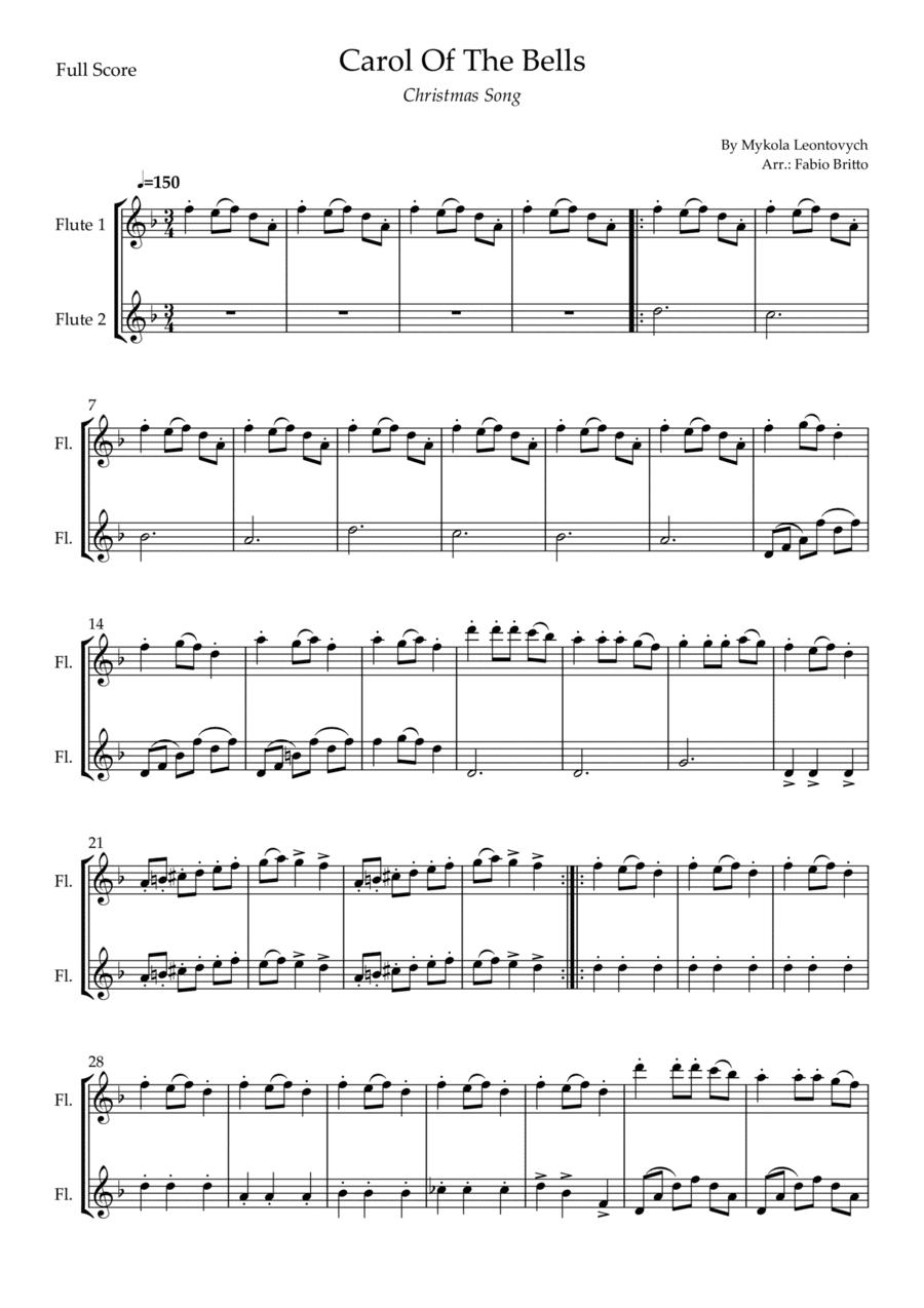 Carol Of The Bells (Christmas Song) for Flute Duo (D Minor) (arr. Fabio Britto)