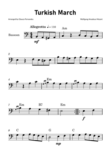 Turkish March by Mozart - Bassoon Solo with Chord Notations (arr. Glauco Fernandes)