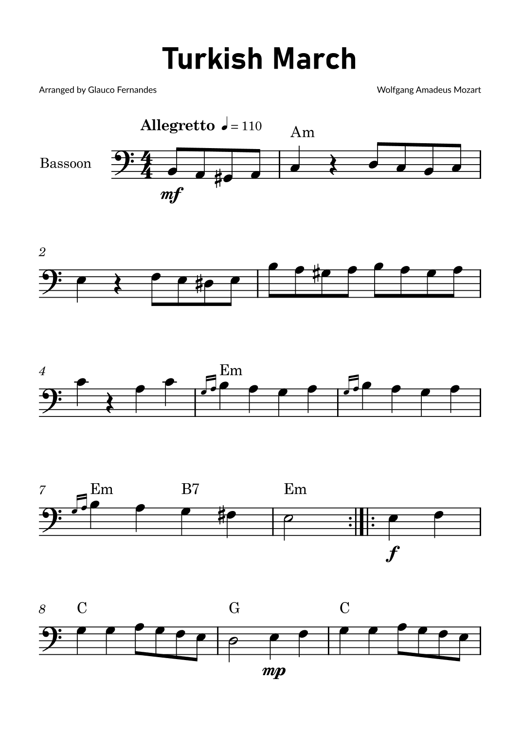 Turkish March by Mozart - Bassoon Solo with Chord Notations (arr. Glauco Fernandes)