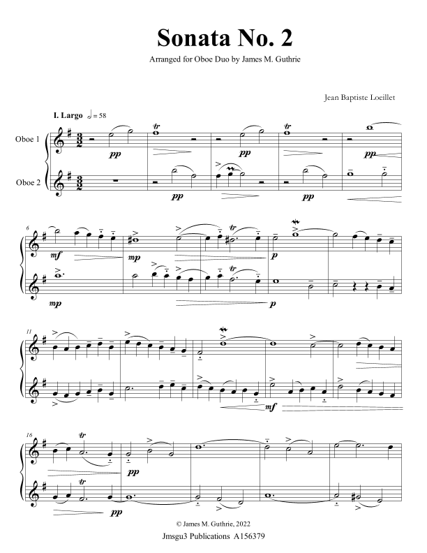 Loeillet: Sonata No. 2 for Oboe Duo (arr. James M. Guthrie)