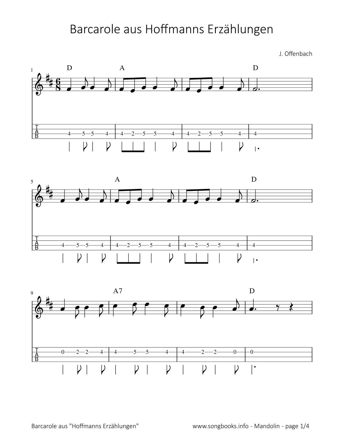 Barcarole aus Hoffmanns Erzählungen - J. Offenbach (arr. songbooks.info)