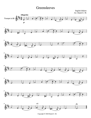 Greensleeves for Bb trumpet and piano (arr. Daniel C. M.)
