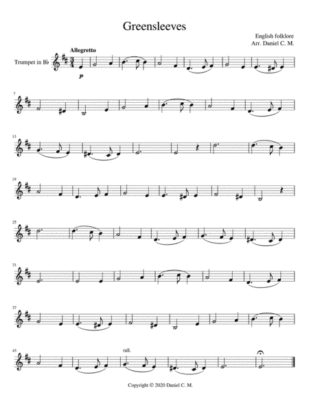 Greensleeves for Bb trumpet and piano (arr. Daniel C. M.)