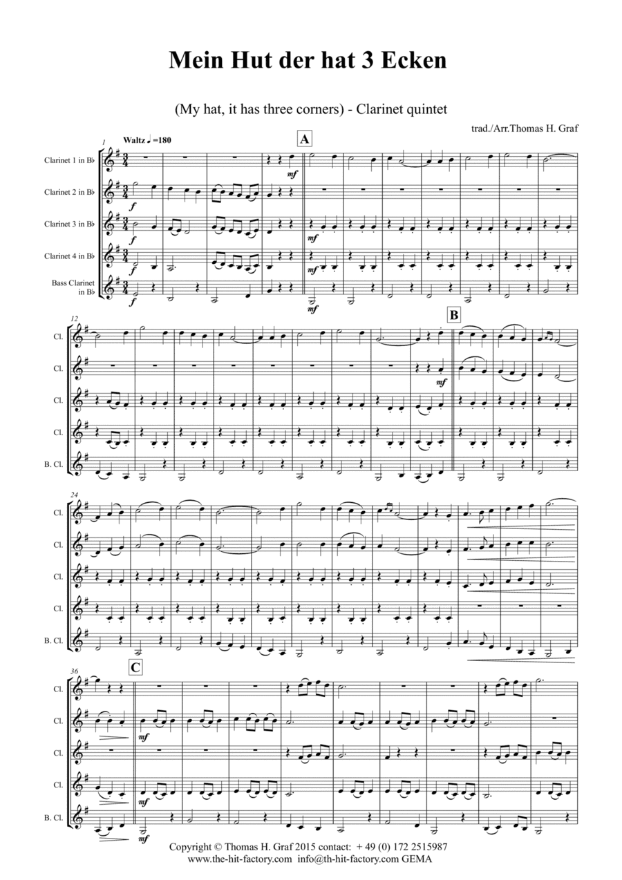Mein Hut der hat 3 Ecken (My hat, it has three corners) - Folk - Clarinet Quintet (arr. Thomas Graf)