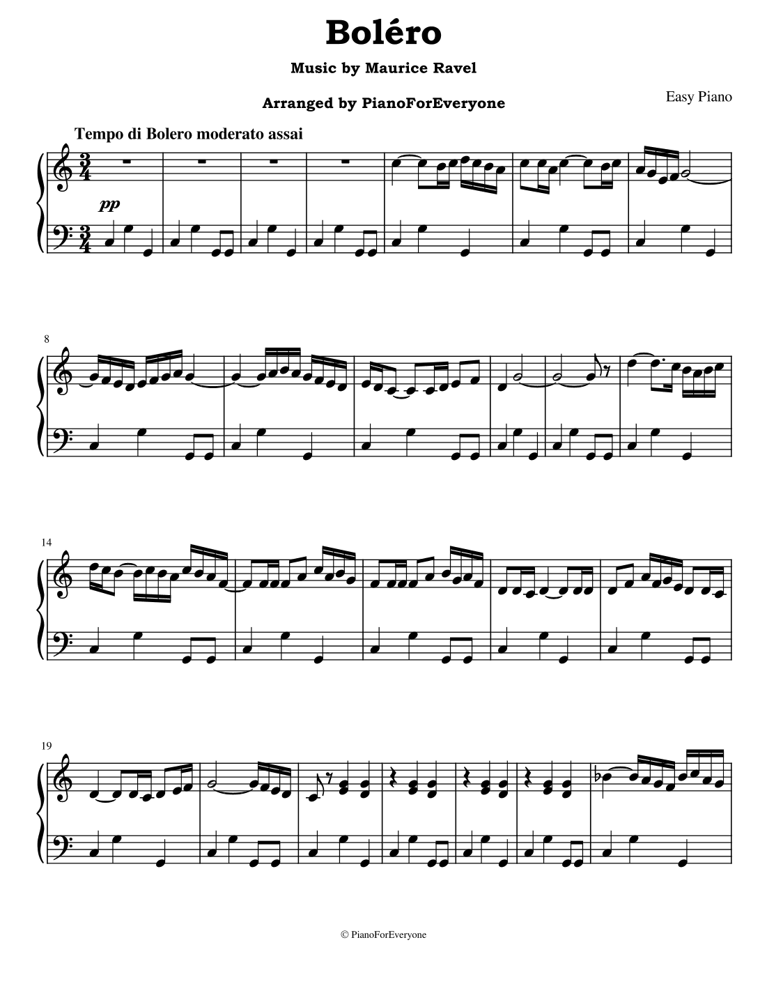 Boléro - Ravel (Easy Piano) (arr. PianoForEveryone)