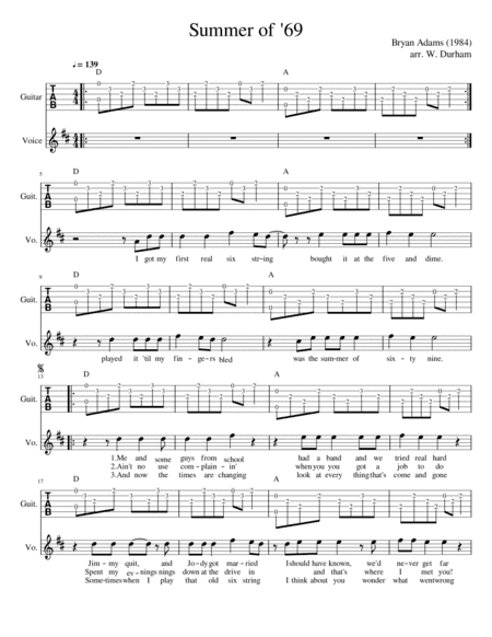 Summer Of '69 (arr. Big Bill Durham)