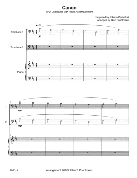 CANON IN D (Pachelbel) - TROMBONE DUET with Piano Accompaniment (arr. Glen Poehlmann)