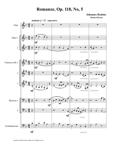 Johannes Brahms – Romanze, Op. 118, No. 5 (Woodwind Nonet) (arr. Richard Byrnes)