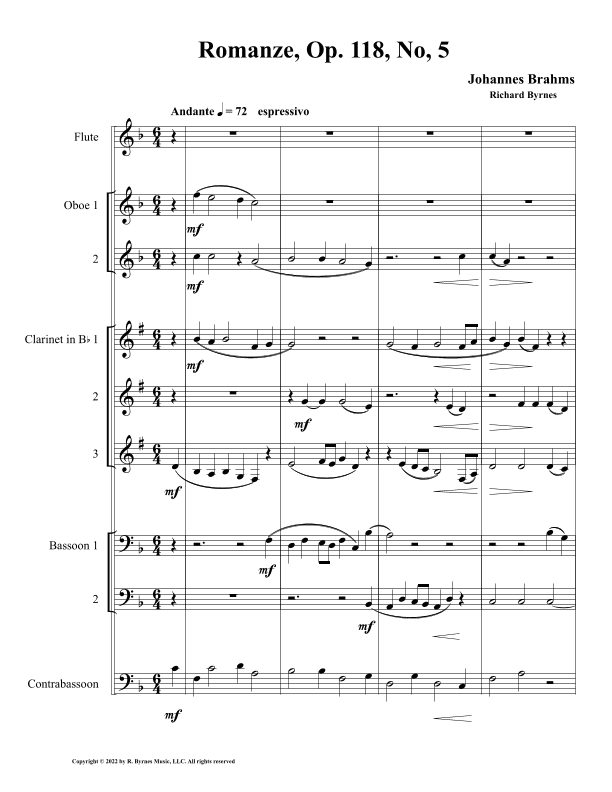 Johannes Brahms – Romanze, Op. 118, No. 5 (Woodwind Nonet) (arr. Richard Byrnes)