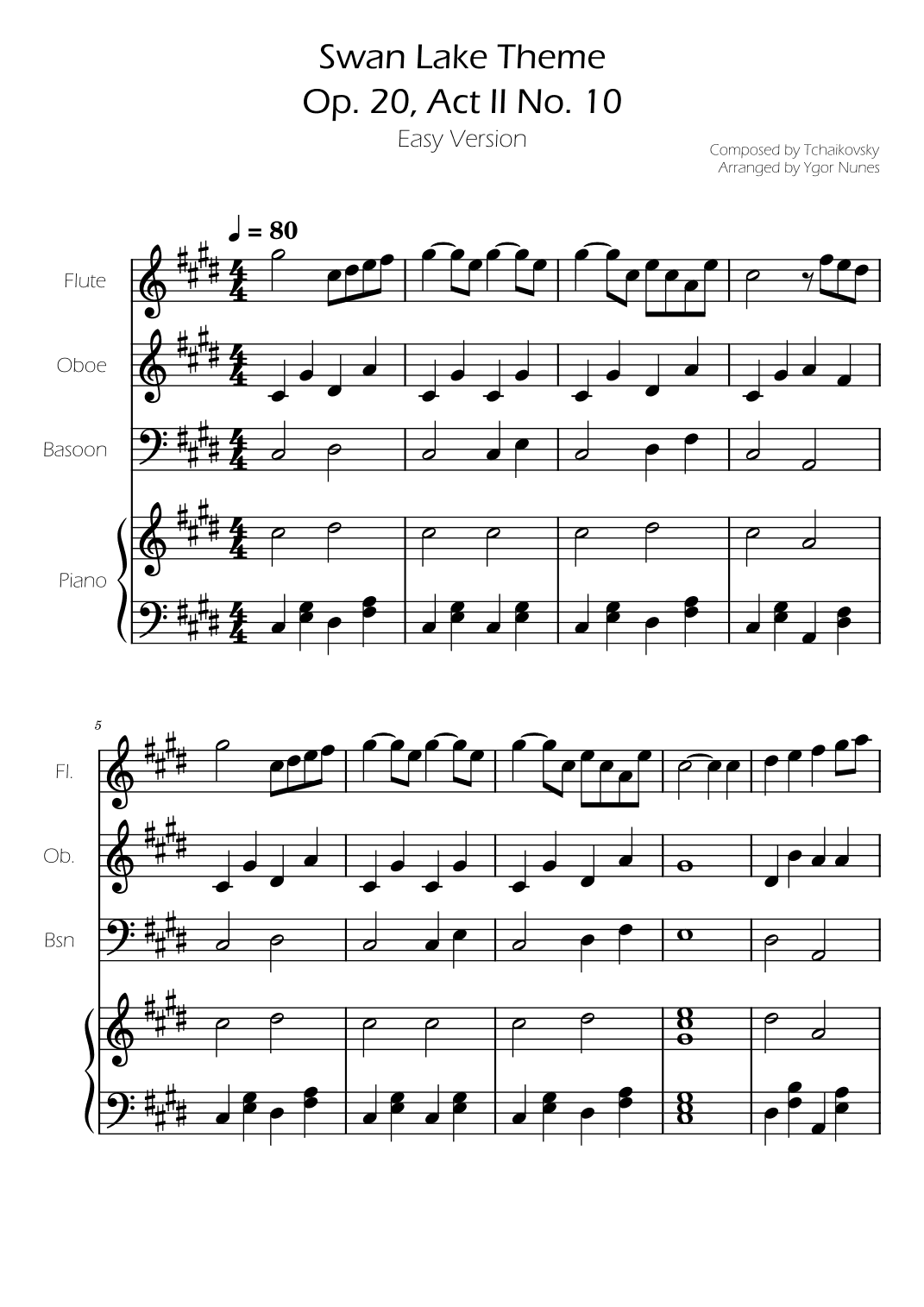 Swan Lake (theme) - Tchaikovsky - fl, ob, bsn Trio w/ Piano Accompaniment (arr. Ygor Nunes)