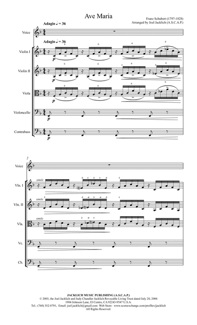 Ave Maria (Schubert) Key of F, for Voice with String Orchestra or String Quartet Accompaniment (arr. Joel Jacklich (ASCAP))