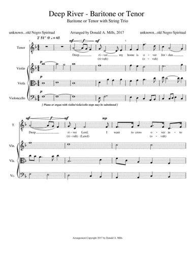 Deep River - Baritone or Tenor solo, string trio (arr. Donald A. Mills, Beachtanned)