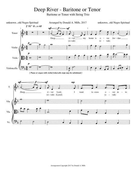 Deep River - Baritone or Tenor solo, string trio (arr. Donald A. Mills, Beachtanned)