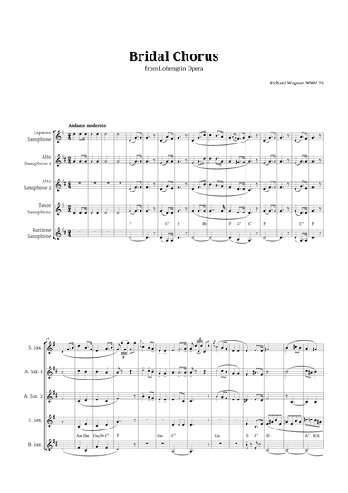 Bridal Chorus by Wagner for Sax Quintet with Chords (arr. Langanho)
