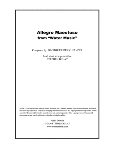 Allegro Maestoso from "Water Music" (Handel) - Lead sheet in original key of D (arr. Stephen Bulat)
