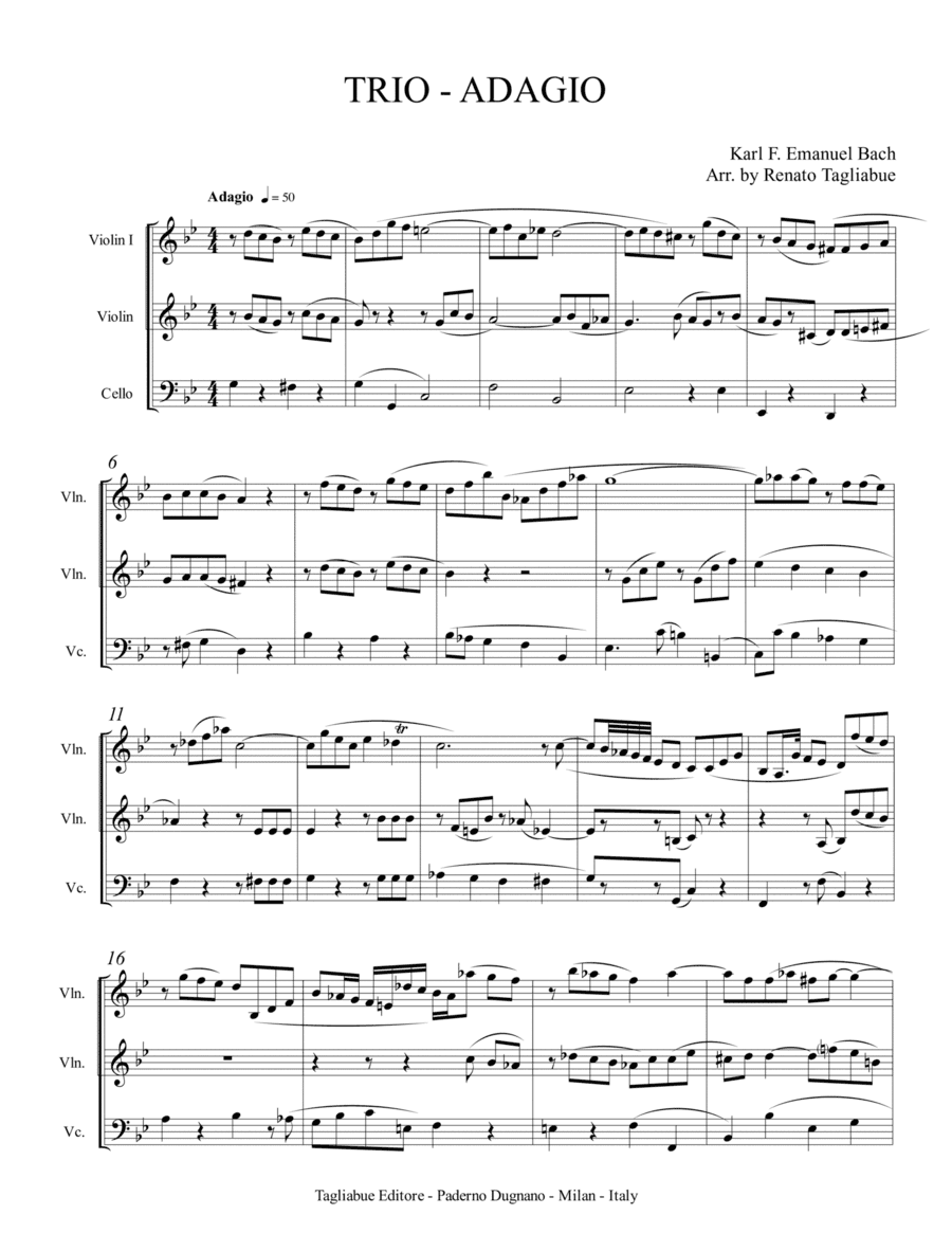 TRIO - ADAGIO - Karl F. E. Bach - Arr. for Trio String - Parts (arr. Renato Tagliabue)
