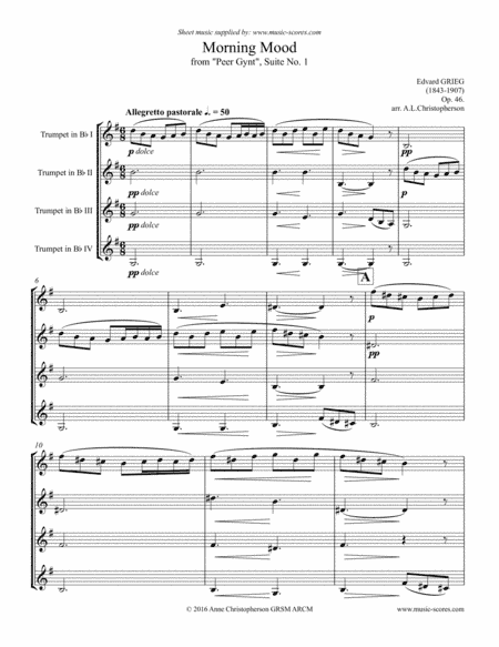 Morning Mood: Op.46, No.1: Trumpet Quartet (arr. Anne L Christopherson GRSM ARCM)