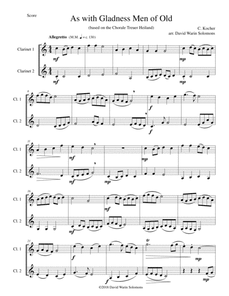 Variations on "As with gladness men of old" ("Treuer Heiland, wir sind da") for clarinet duo (arr. David Warin Solomons)