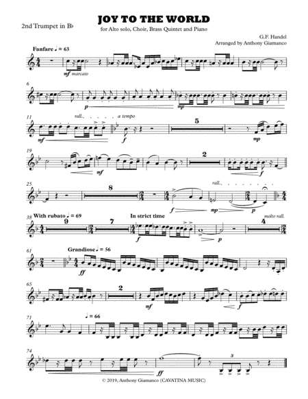 Joy to the World (alto solo, choir, piano, brass quintet) - 2nd Bb TRUMPET PART (arr. Anthony Giamanco)