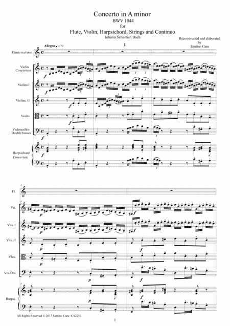 Bach - Concerto in A minor BWV 1044 for Flute, Violin, Harpsichord, Strings and Continuo - Score, Pa (arr. Santino Cara)