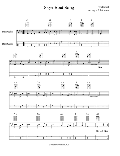Skye Boat song for Easy Bass with Chords and TAB (arr. Andrew Pattinson)