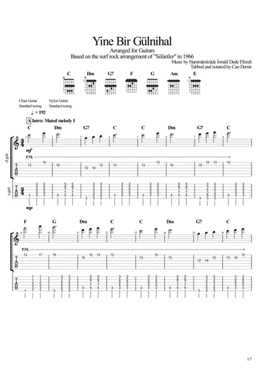 Yine Bir Gülnihal by Dede Efendi (guitar tablature and score) (arr. Can Demir)
