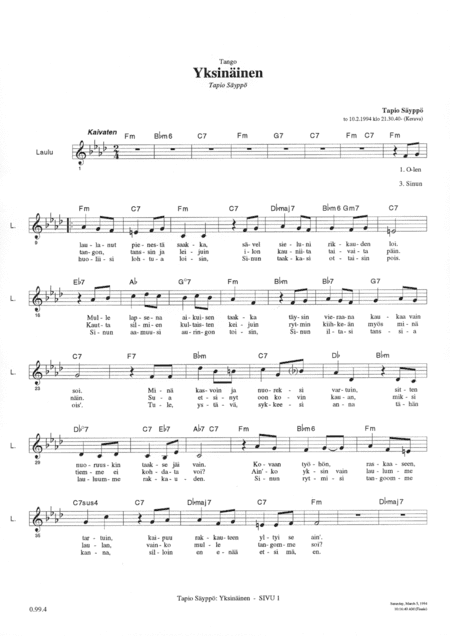Yksinäinen – The Lonely One (tango)