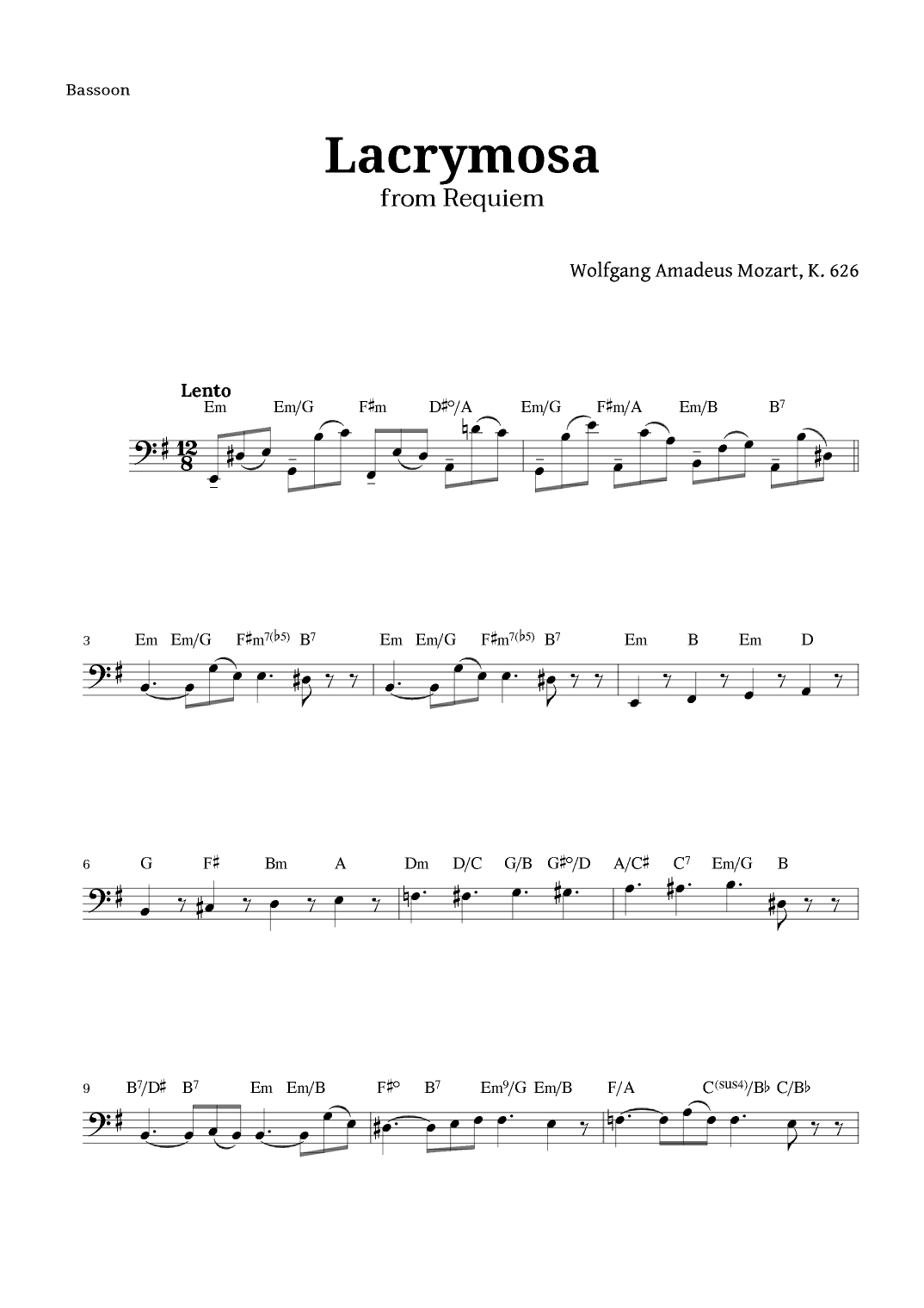 Lacrymosa from Requiem by Mozart for Bassoon (arr. Langanho)
