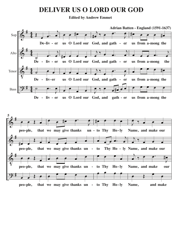 Deliver Us O Lord Our God A Cappella SATB (arr. Edited by Andrew Emmet)