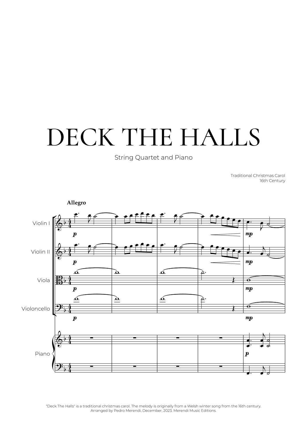 Deck The Halls (String Quartet and Piano) - Christmas Carol (arr. Pedro Merendi)