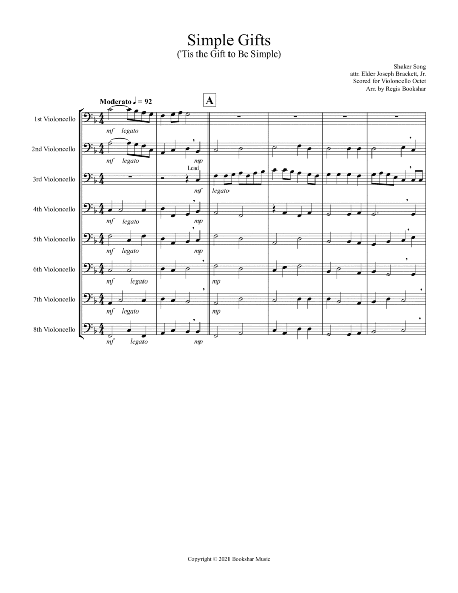 Simple Gifts ('Tis the Gift to Be Simple) (F) (Violoncello Octet) (arr. Regis Bookshar)