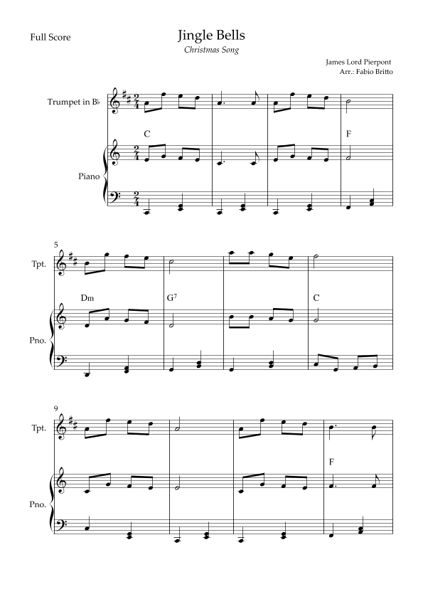 Jingle Bells (Christmas Song) for Trumpet in Bb Solo and Piano Accompaniment with Chords (arr. Fabio Britto)